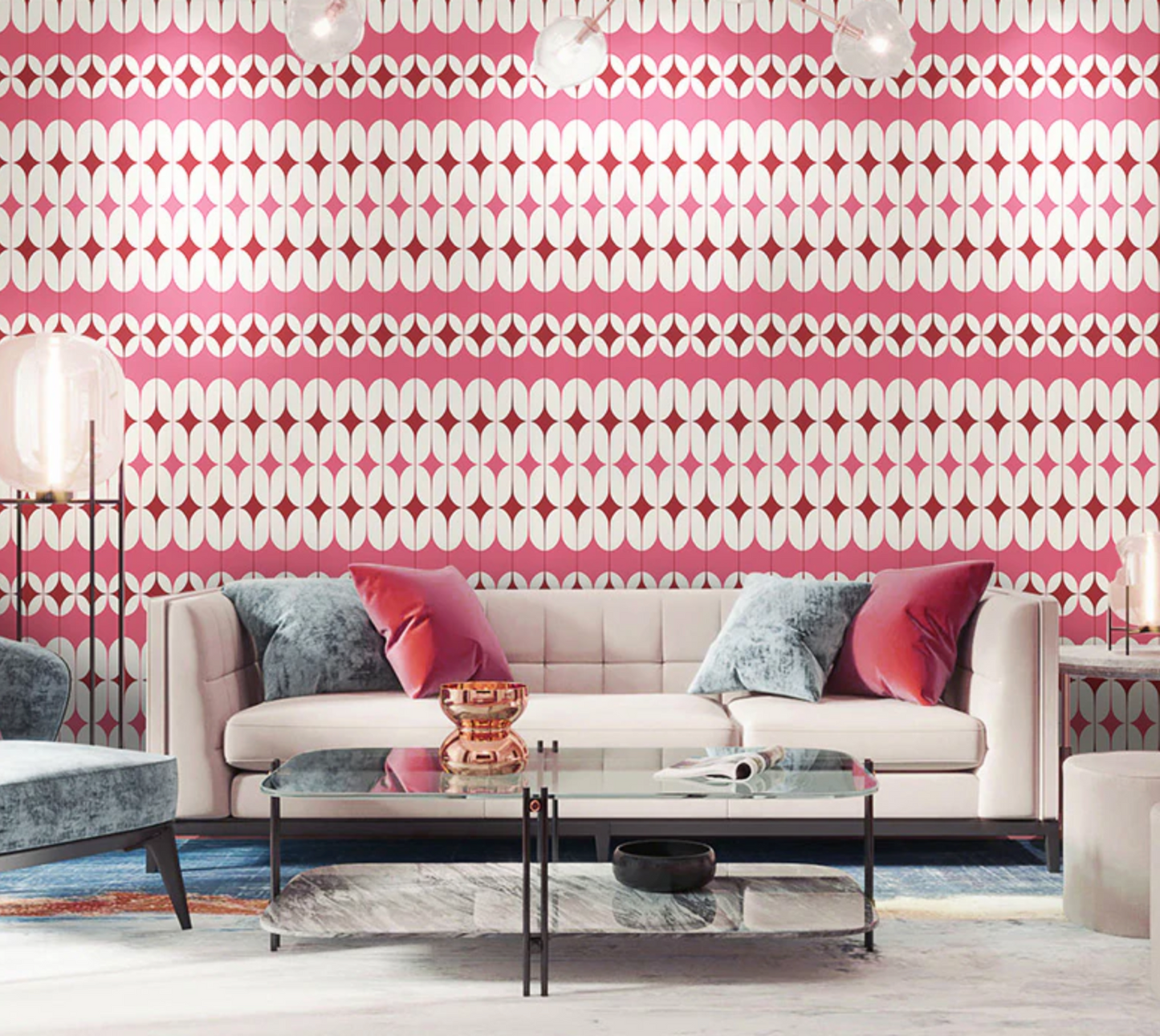 Mid Century Geometric Hot Pink & White